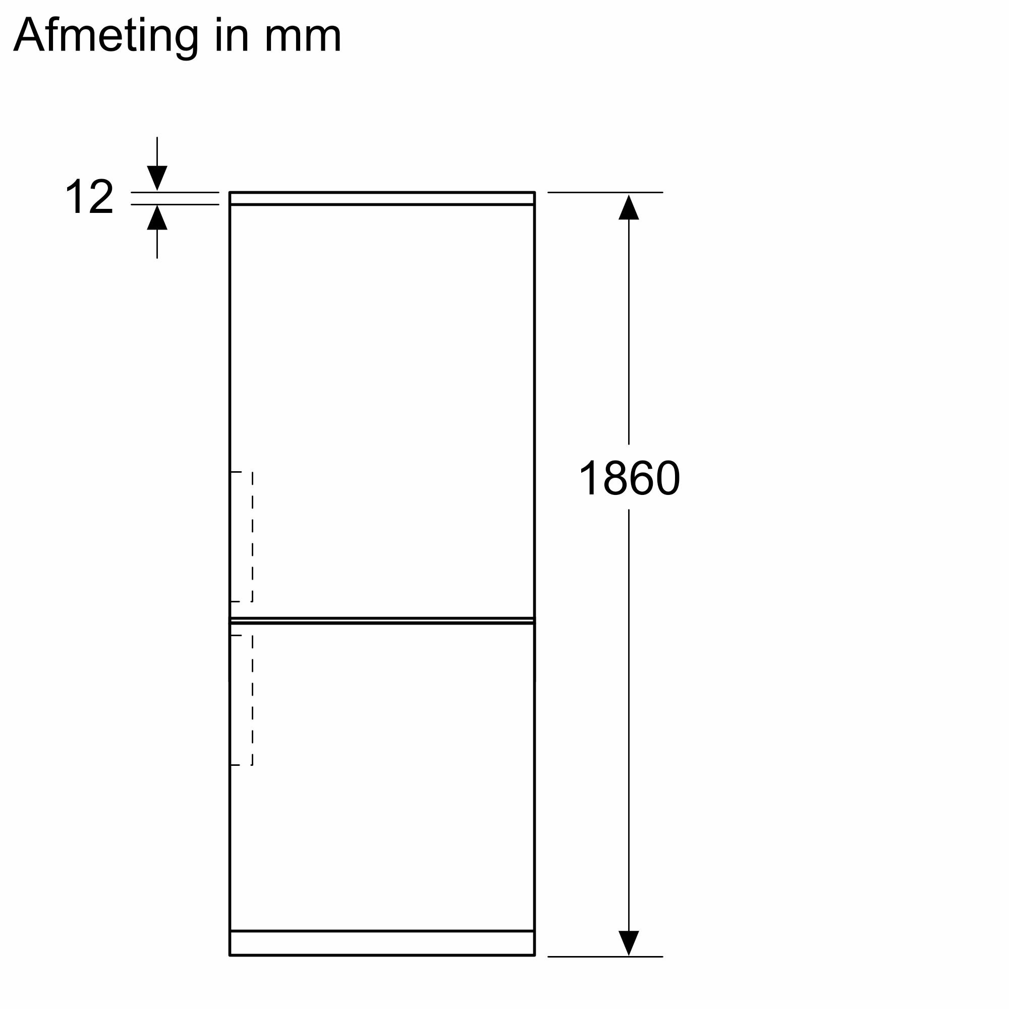 Diagram of a refrigerator with dimensions. Height is 1860 mm, top edge is 12 mm. Dashed lines inside show internal structure.