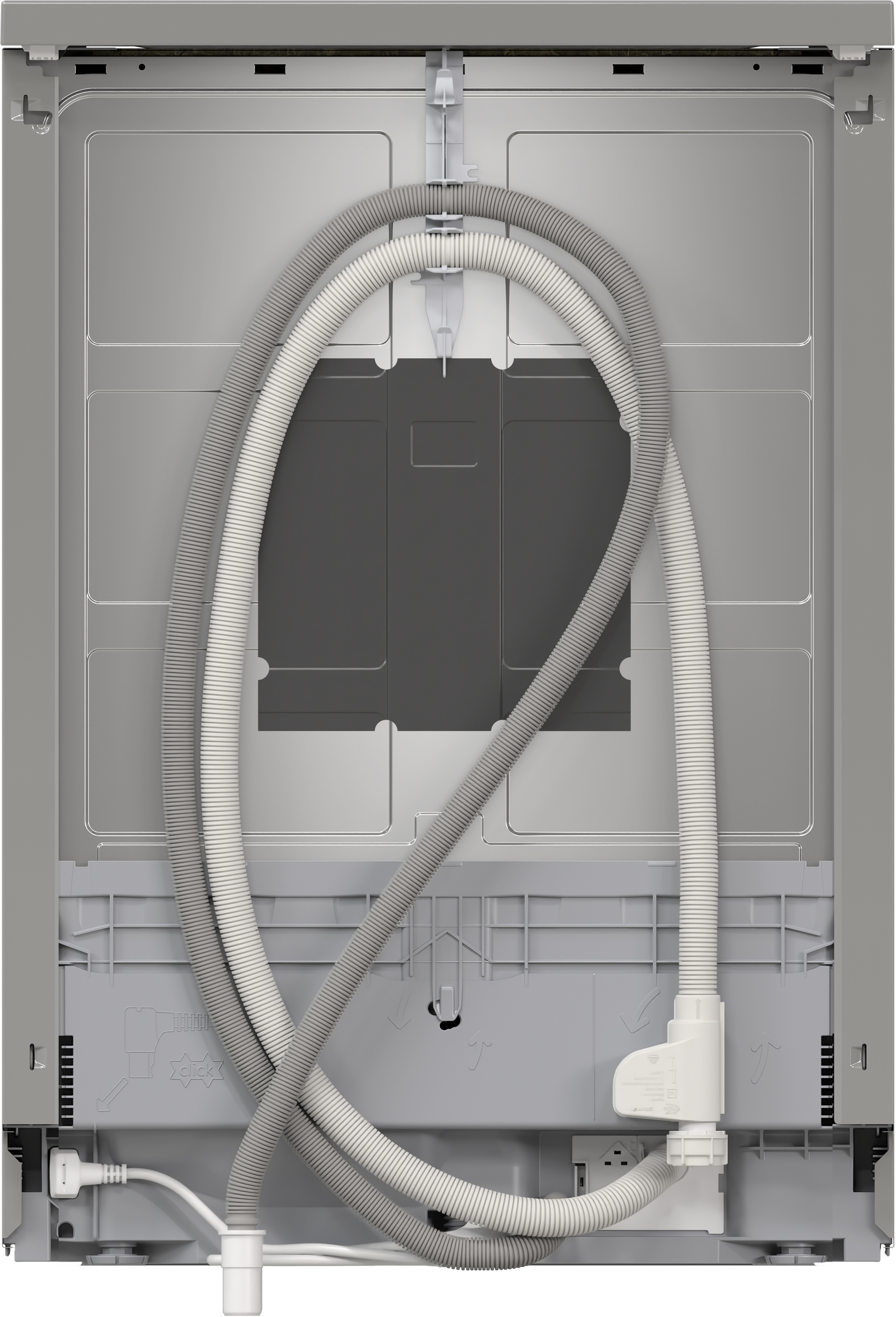 Achterkant van een vaatwasser met slangen en elektrische componenten. Grijs kunststof achterpaneel, met witte en grijze slangen en een netsnoer.