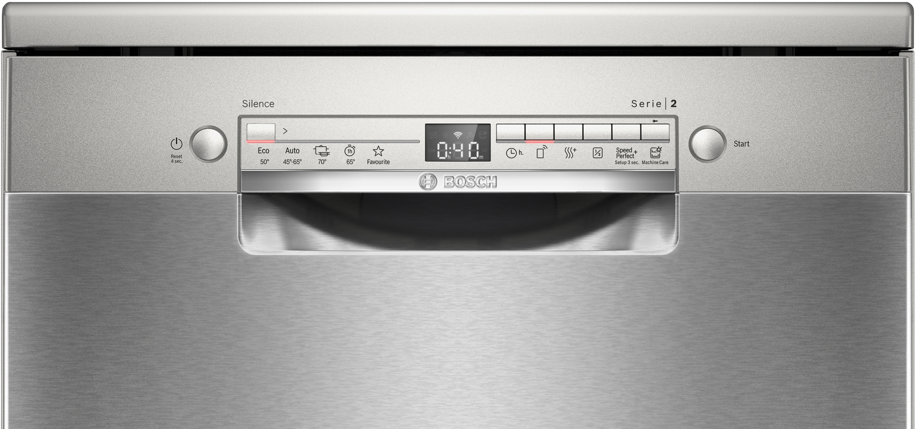 RVS Bosch vaatwasser bedieningspaneel. Knoppen voor aan/uit, instellingen en start. Digitaal display toont tijd.