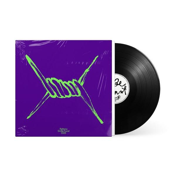 Vinyl-Schallplatte mit lila Cover. Das Cover hat ein grünes Stacheldraht-Design. Die Schallplatte ist schwarz.