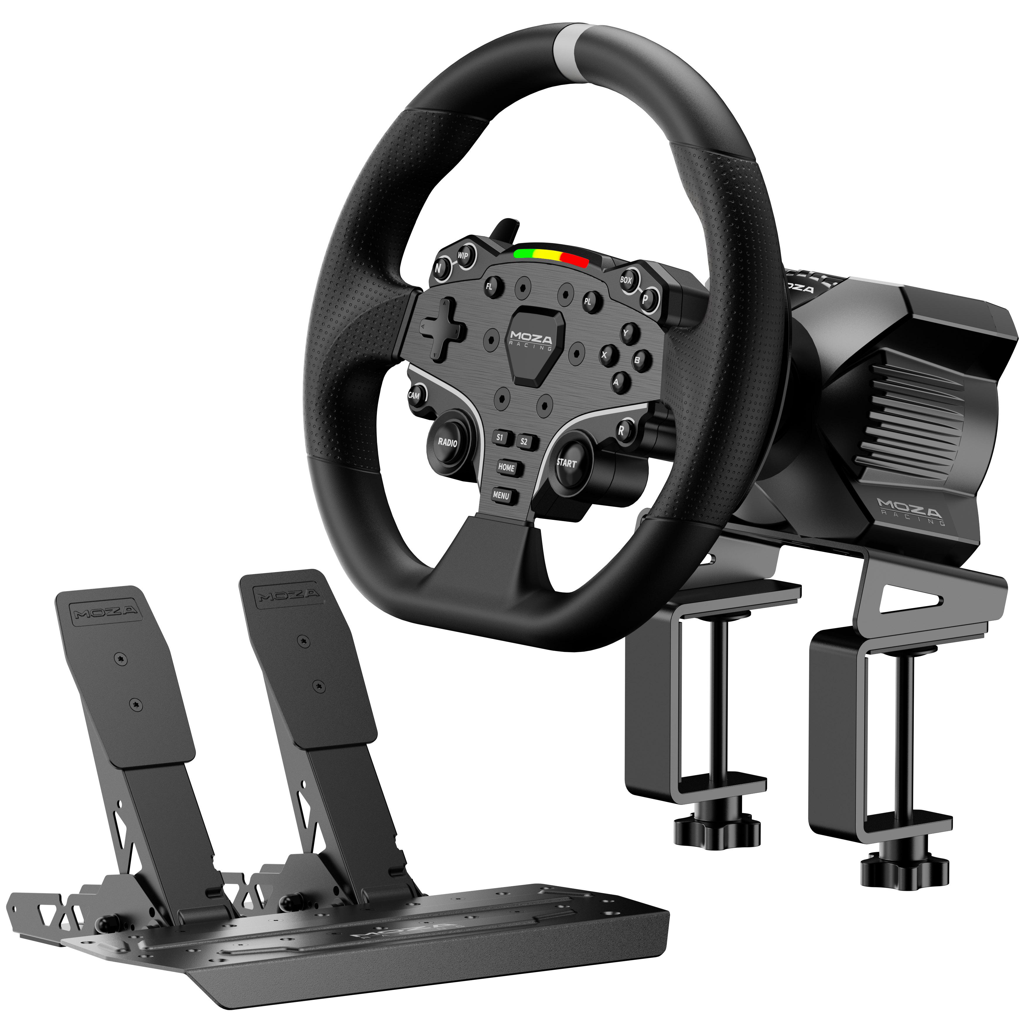 Ein schwarzes Rennlenkrad mit Pedalen und einer Basis wird gezeigt. Das Lenkrad ist an einer schwarzen Basis mit Klemmen befestigt.