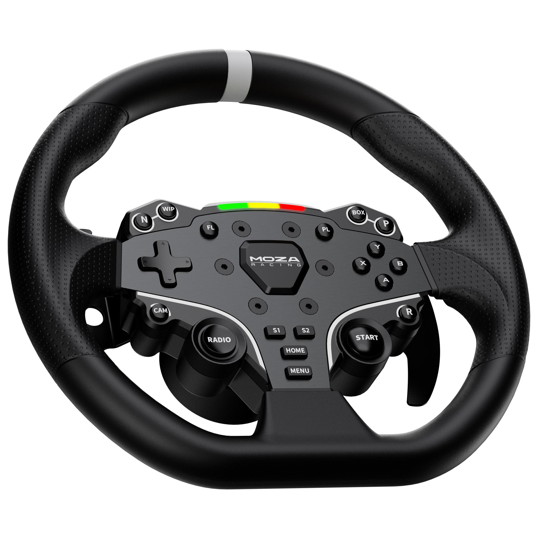 Schwarzes Rennlenkrad mit mehreren Tasten, darunter ein Joystick und eine Farbanzeige in der Mitte.