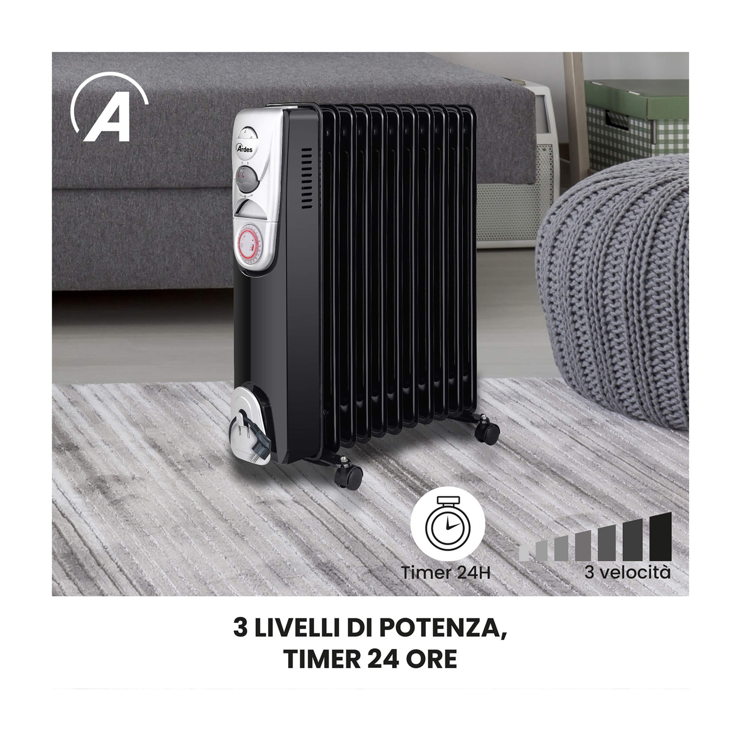 Radiatore a olio nero con comandi argentati. Il riscaldatore ha un timer e 3 livelli di potenza. È posizionato su un tappeto fantasia.