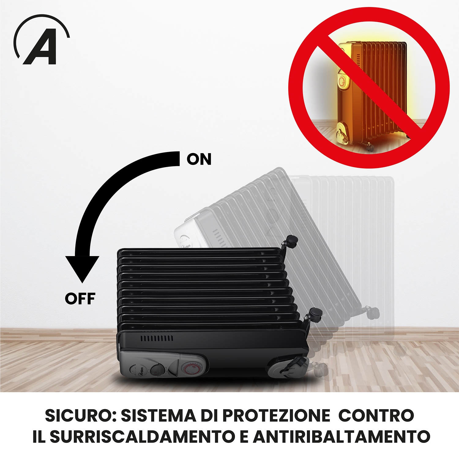 L'immagine mostra un radiatore a olio con caratteristiche di sicurezza. Un segnale di divieto su un modello più vecchio. Una freccia indica da 'ON' a 'OFF'.
