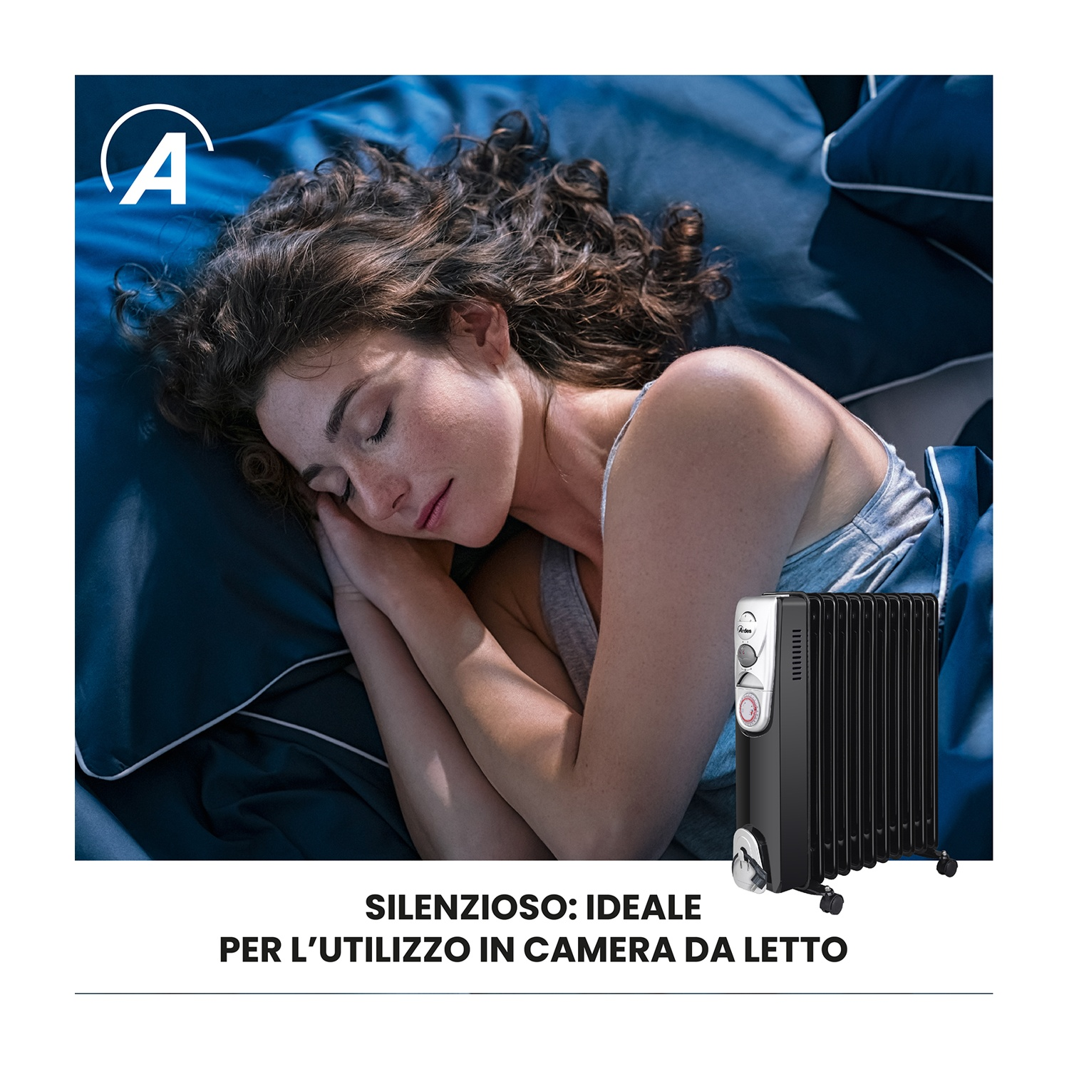 Una donna dorme pacificamente su un letto blu. Un radiatore nero è posizionato vicino al letto. Il testo sottostante dice: Ideale per l'uso in camera da letto.