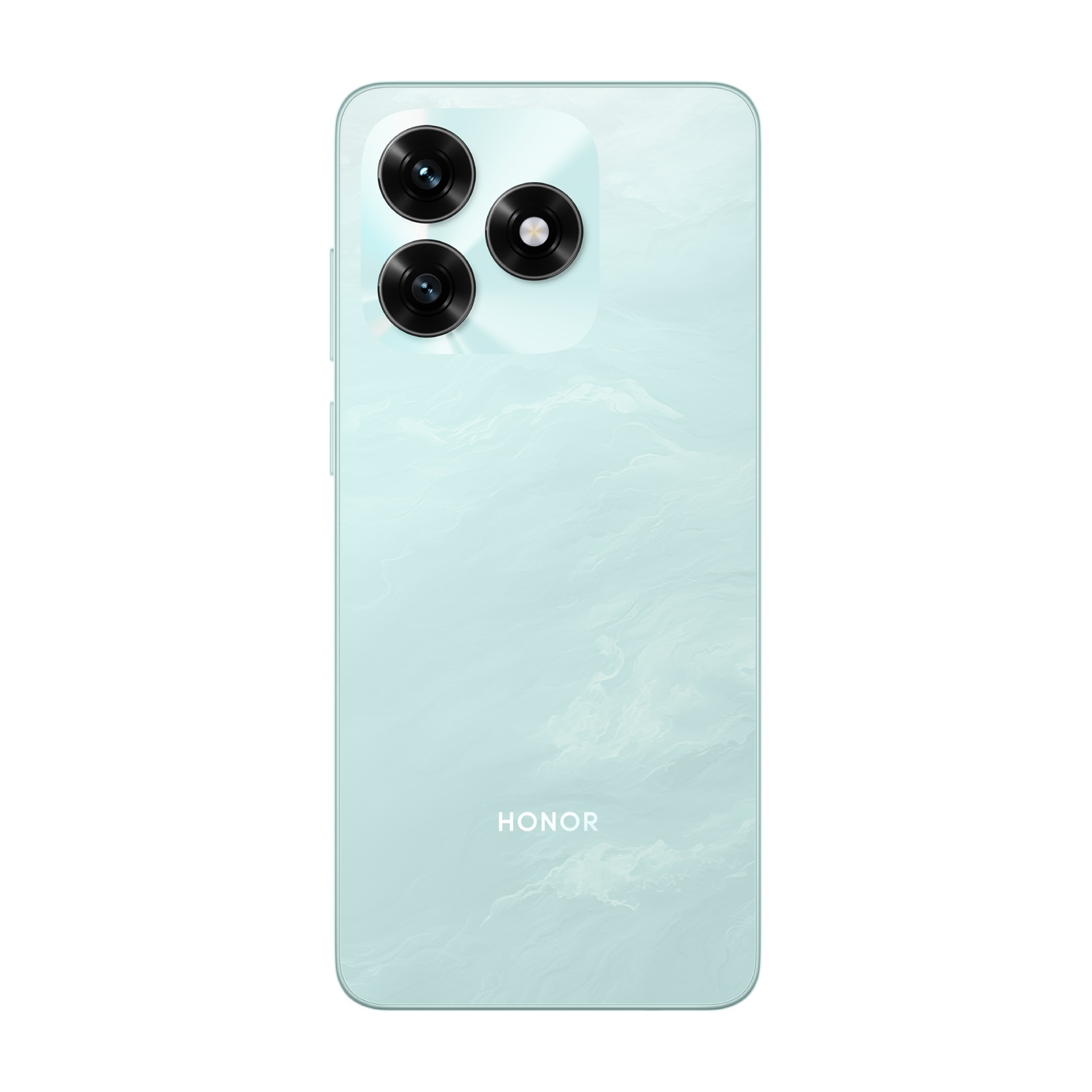 Retro di smartphone azzurro chiaro con tre lenti della fotocamera in alto e il logo HONOR in basso.