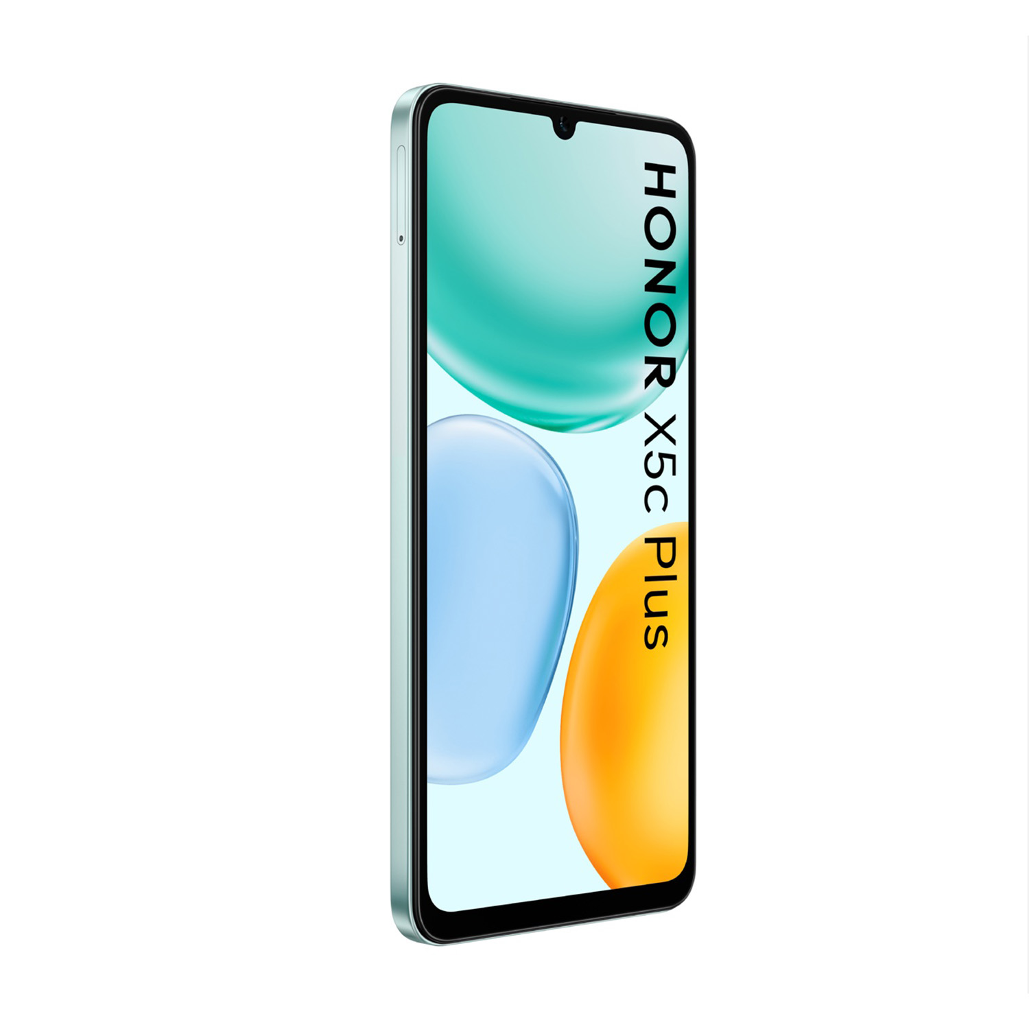 Uno smartphone con cornice verde acqua mostra uno schermo colorato con il testo HONOR X5c Plus. Lo sfondo è bianco.