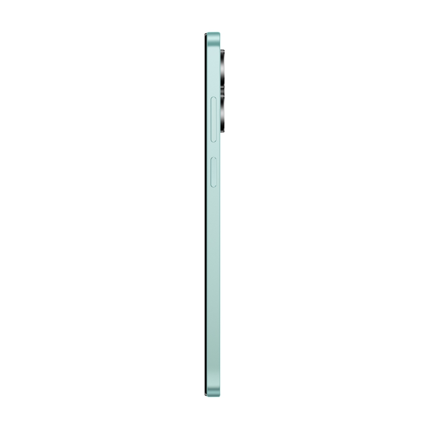 Vista laterale di uno smartphone verde chiaro. L'obiettivo della fotocamera e i pulsanti sono visibili. Lo sfondo è bianco.