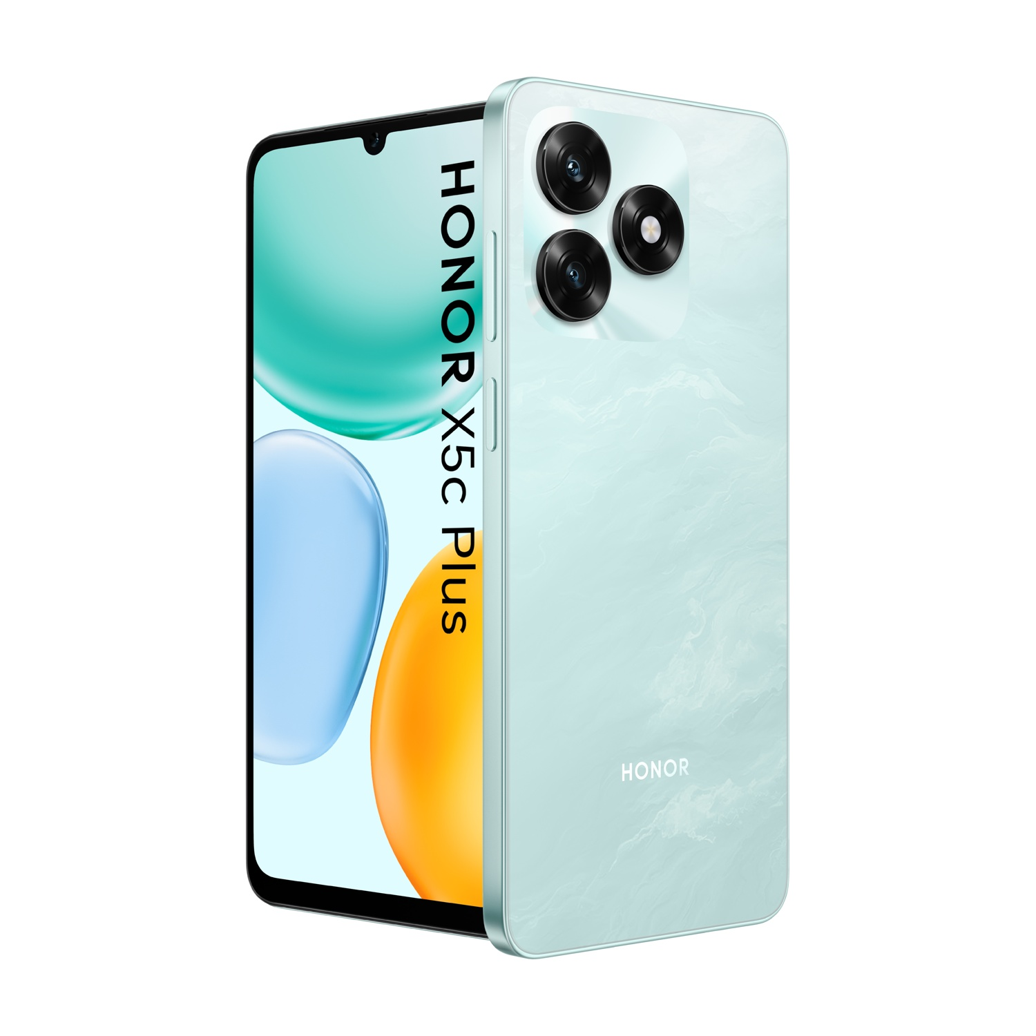 Uno smartphone Honor X5c Plus verde menta. Ha tre fotocamere posteriori e uno schermo che mostra forme turchese, blu e arancioni.