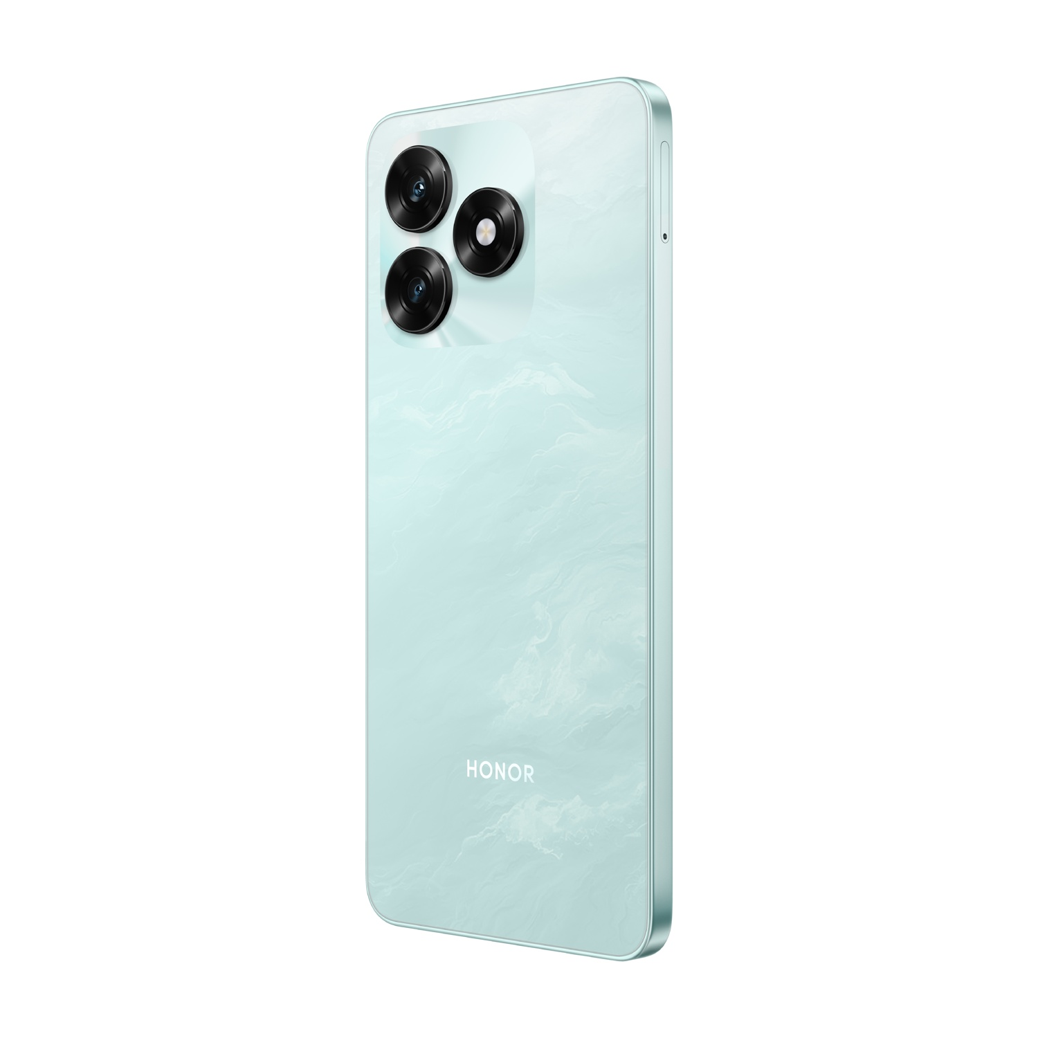 Uno smartphone azzurro con tre fotocamere posteriori è leggermente inclinato. Il marchio 'HONOR' è visibile. Il telefono ha una texture marmorizzata.