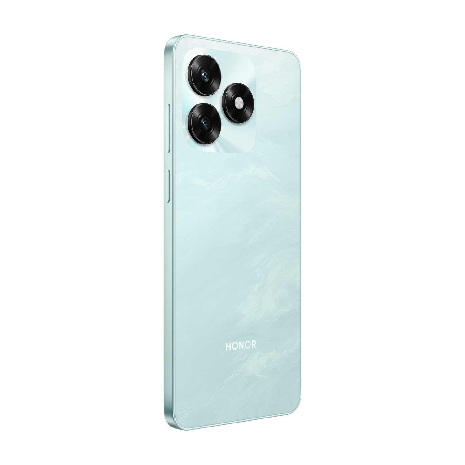 Uno smartphone azzurro con tre fotocamere posteriori. Il retro ha un design marmorizzato e la scritta 'HONOR'. Il telefono è su sfondo bianco.