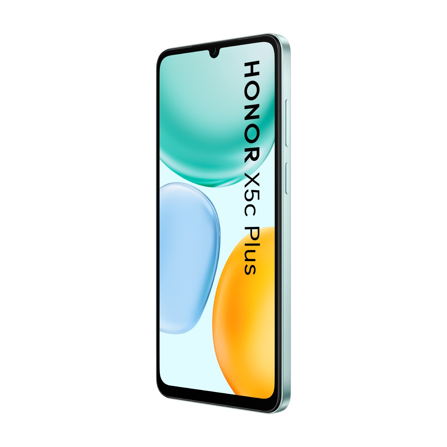 Uno smartphone con uno schermo che mostra forme astratte in verde acqua, blu e arancione. Il telefono è verde menta con la scritta 'HONOR X5c Plus'.