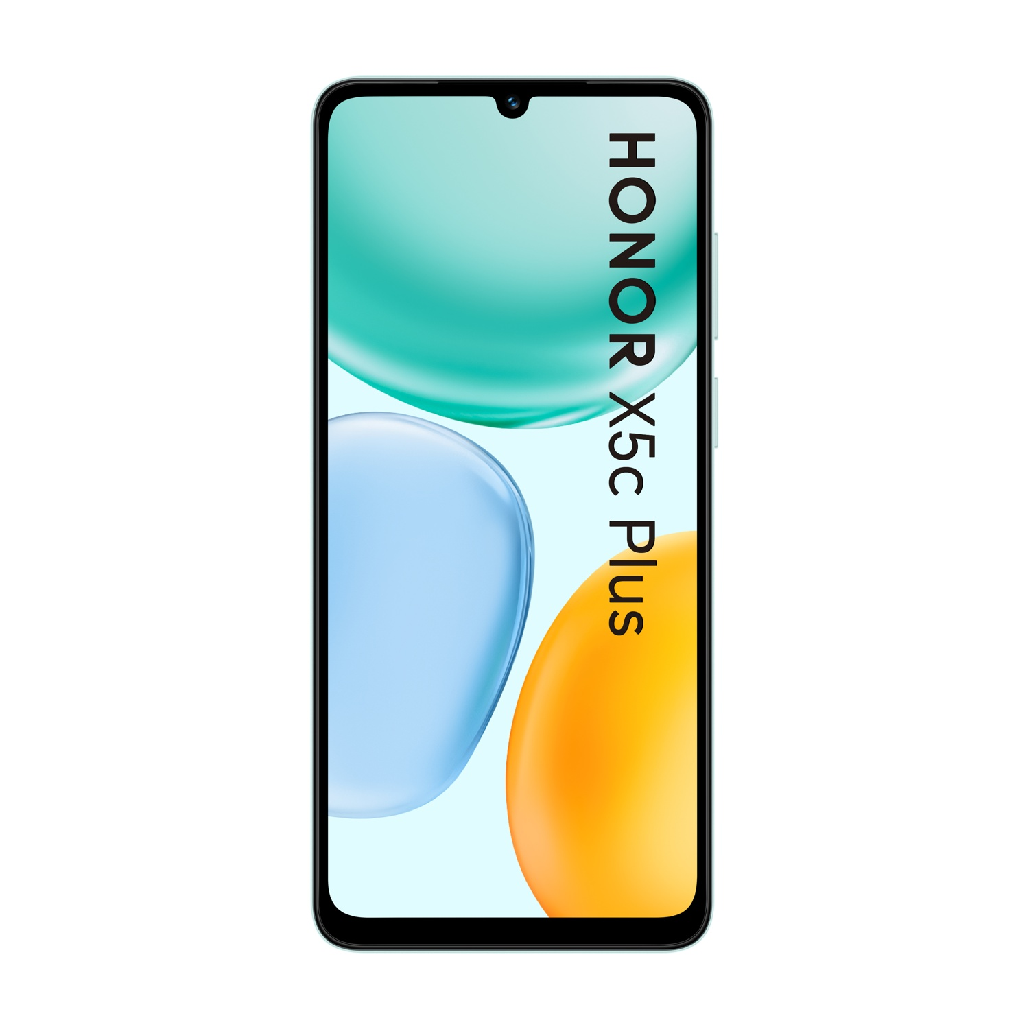 Uno smartphone con schermo che mostra forme astratte di colore verde acqua, blu e arancione. Il telefono è nero con la scritta 'HONOR X5c Plus'.