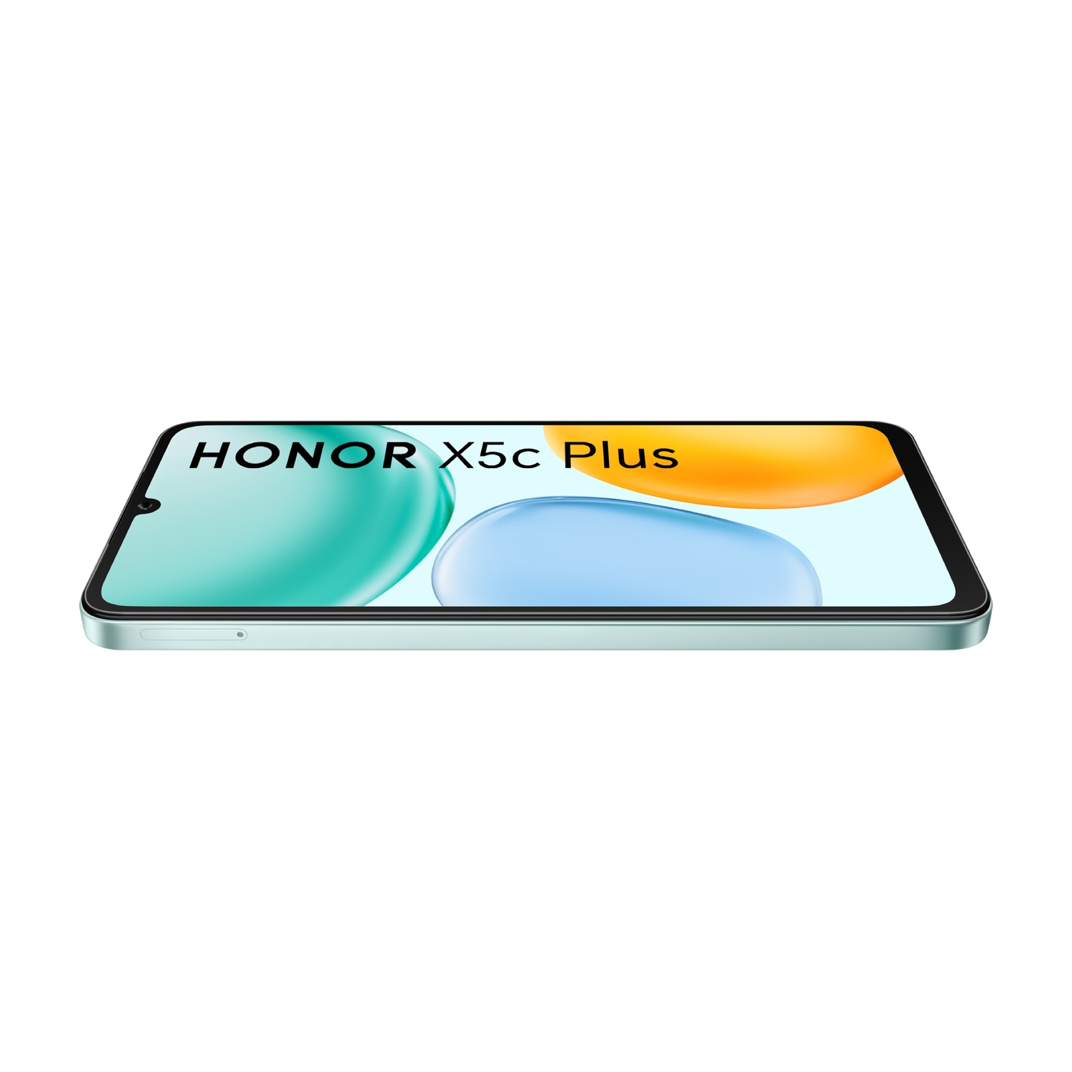 Un telefono Honor X5c Plus, bordi verde menta, lo schermo mostra un gradiente di colori turchese, blu e arancione su sfondo bianco.