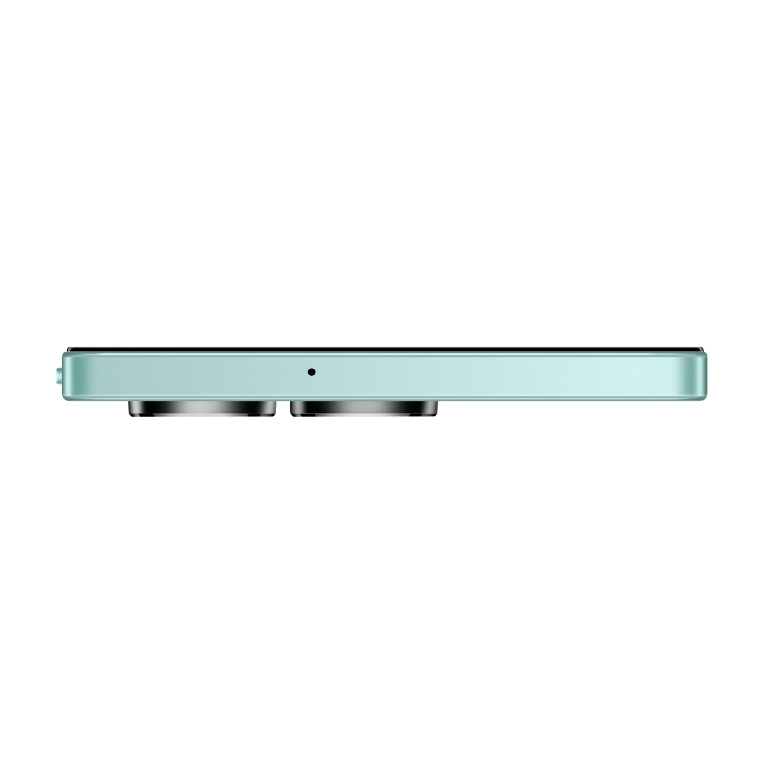 Vista laterale di uno smartphone verde menta. Presenta due lenti circolari e un piccolo punto nero.