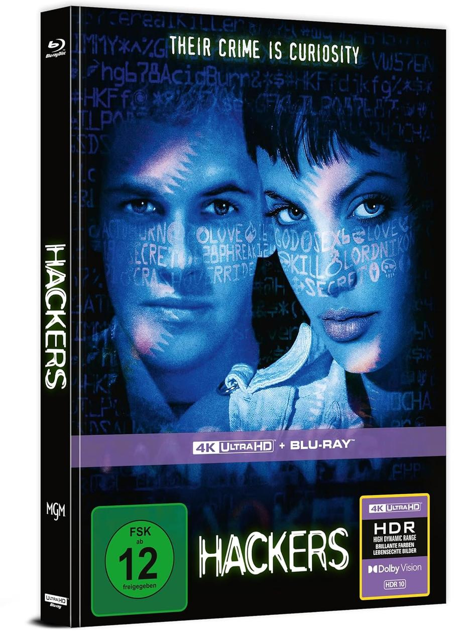 Filmcover 'Hackers'. Gesichter von zwei Personen mit Code-Overlay. Titel 'Hackers'. Blu-ray, Ultra HD und Altersfreigabe-Logos sind sichtbar.