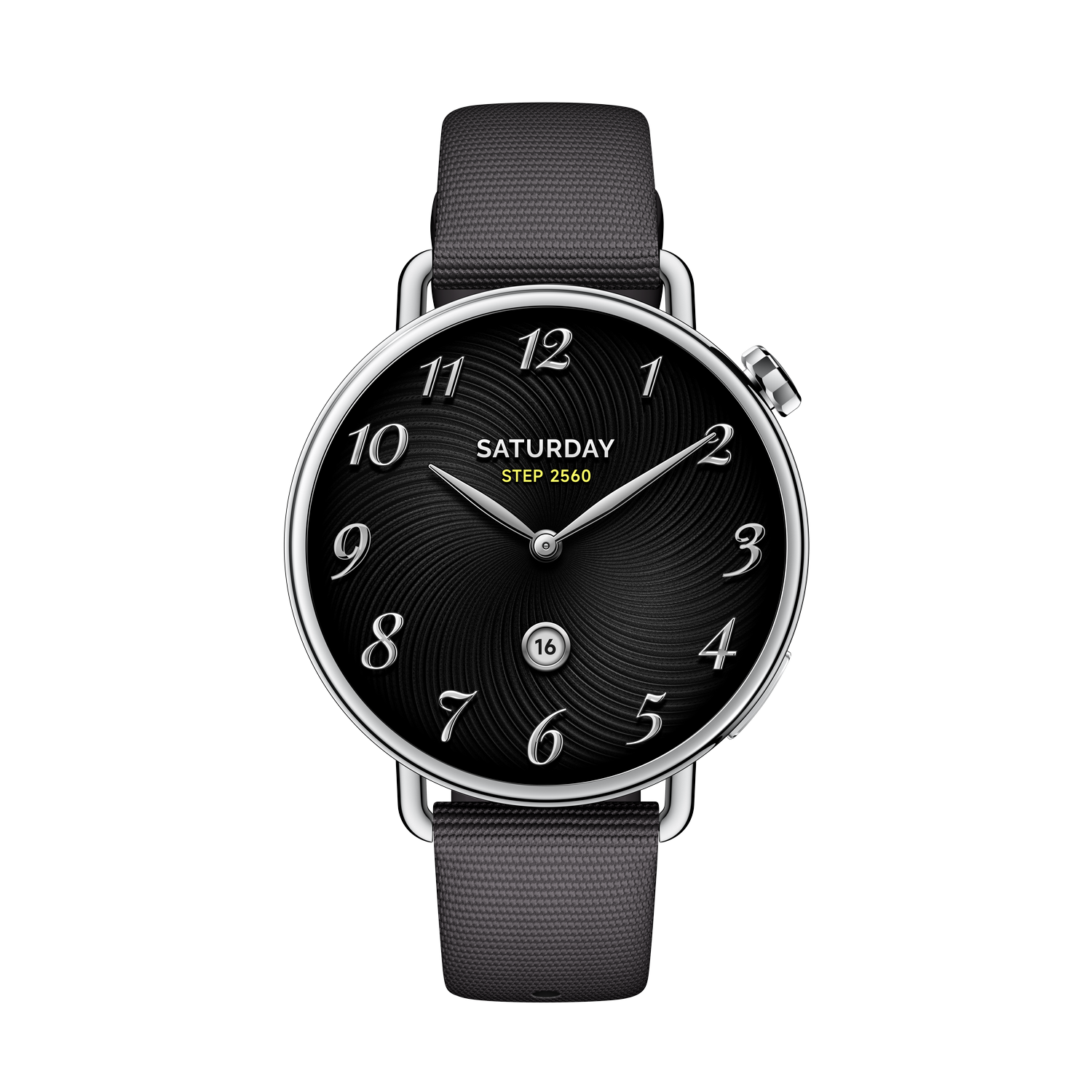 Un reloj de pulsera con esfera negra, manecillas plateadas y correa gris. El reloj muestra la fecha y la palabra 'Sábado'.