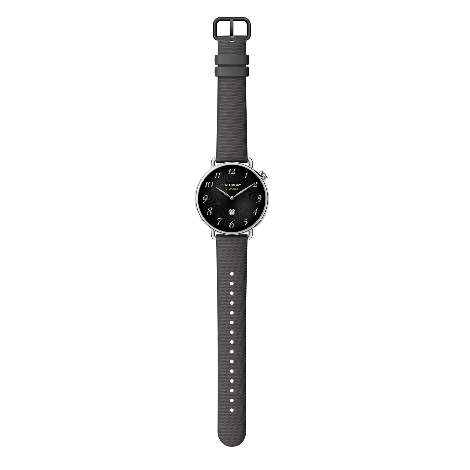 Un reloj de pulsera con esfera negra y correa gris. El reloj muestra el día y la fecha con una hebilla negra. El fondo es gris.