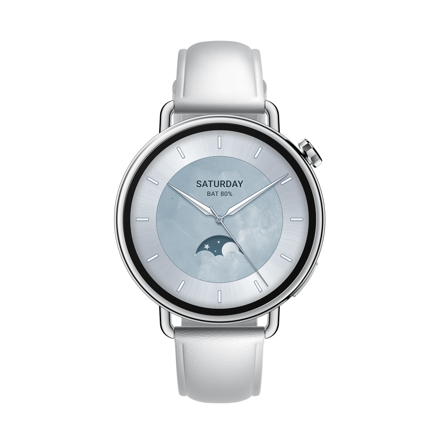 Un smartwatch blanco sobre fondo gris. La esfera muestra sábado, 80% batería y una fase lunar.