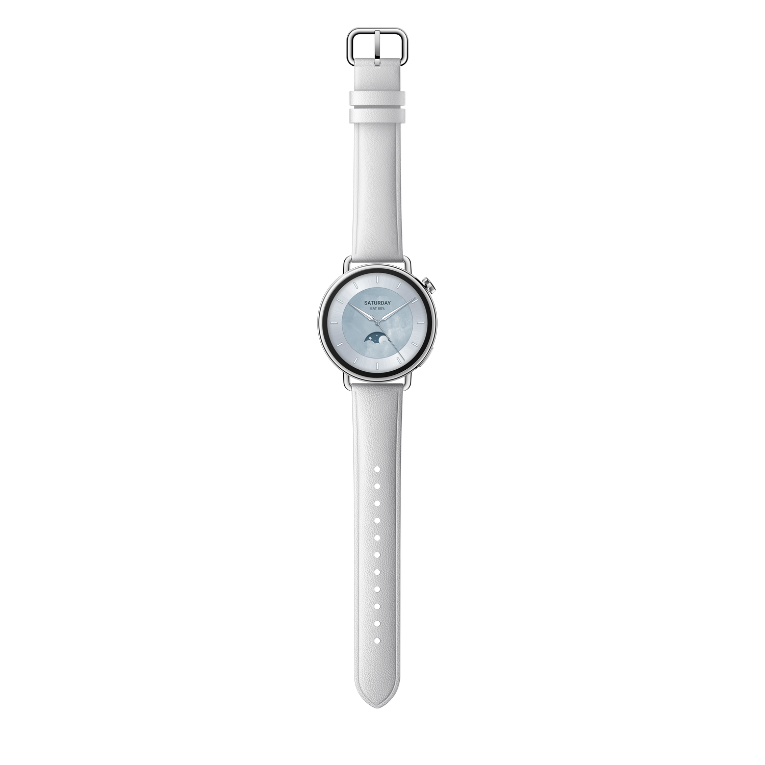 Un reloj inteligente blanco con correa de cuero blanca. La esfera muestra la fecha y la fase lunar sobre fondo gris.