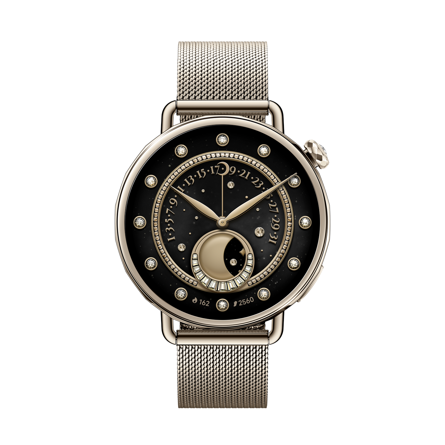 Un reloj de lujo con esfera negra, detalles dorados y diamantes. Tiene una correa de malla y un indicador de fase lunar.