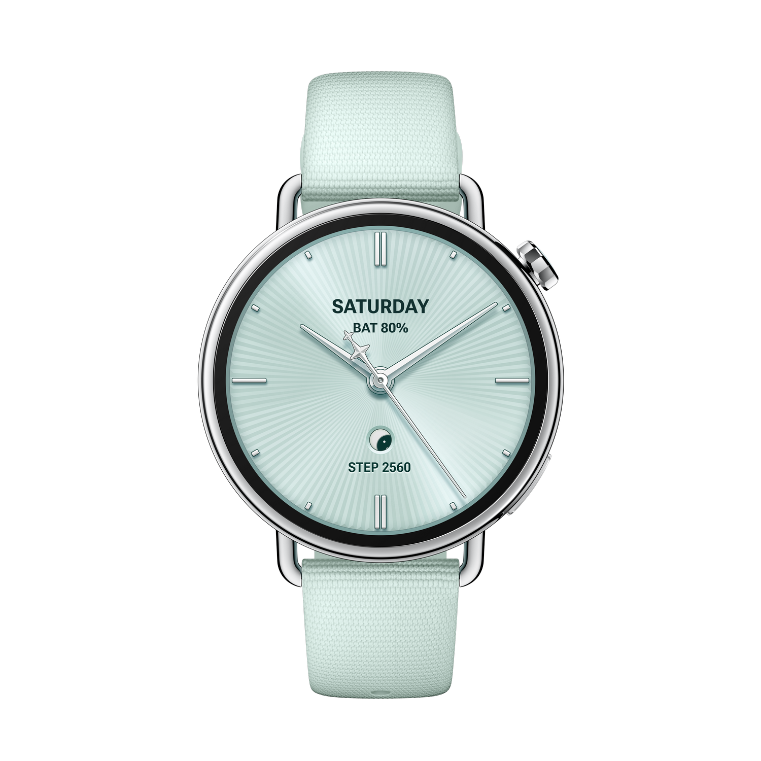 Un reloj inteligente color menta con correa verde claro, mostrando 'Sábado', 80% de batería y 2560 pasos en la esfera.