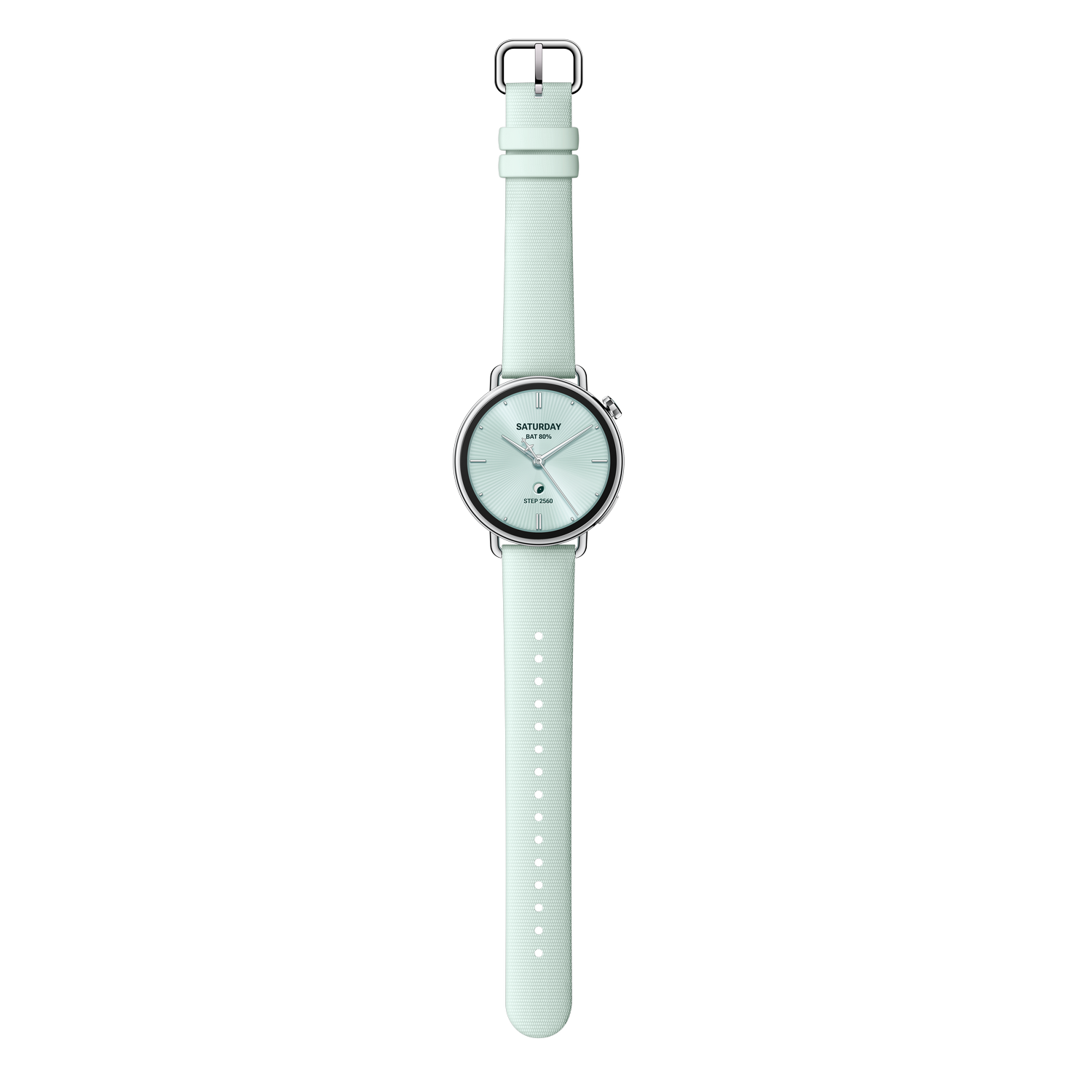 Un reloj color menta con correa verde claro. La esfera muestra la fecha y hora. El fondo es de color gris sólido.