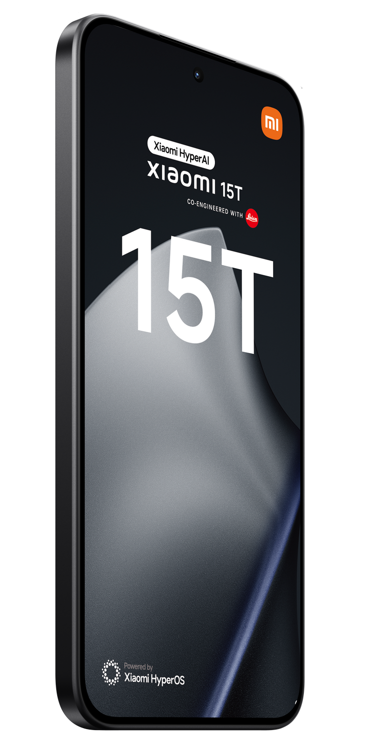 Teléfono Xiaomi 15T. Teléfono negro con texto blanco '15T'. Logotipo de Xiaomi HyperAI en la parte superior. También se ve la marca Leica.
