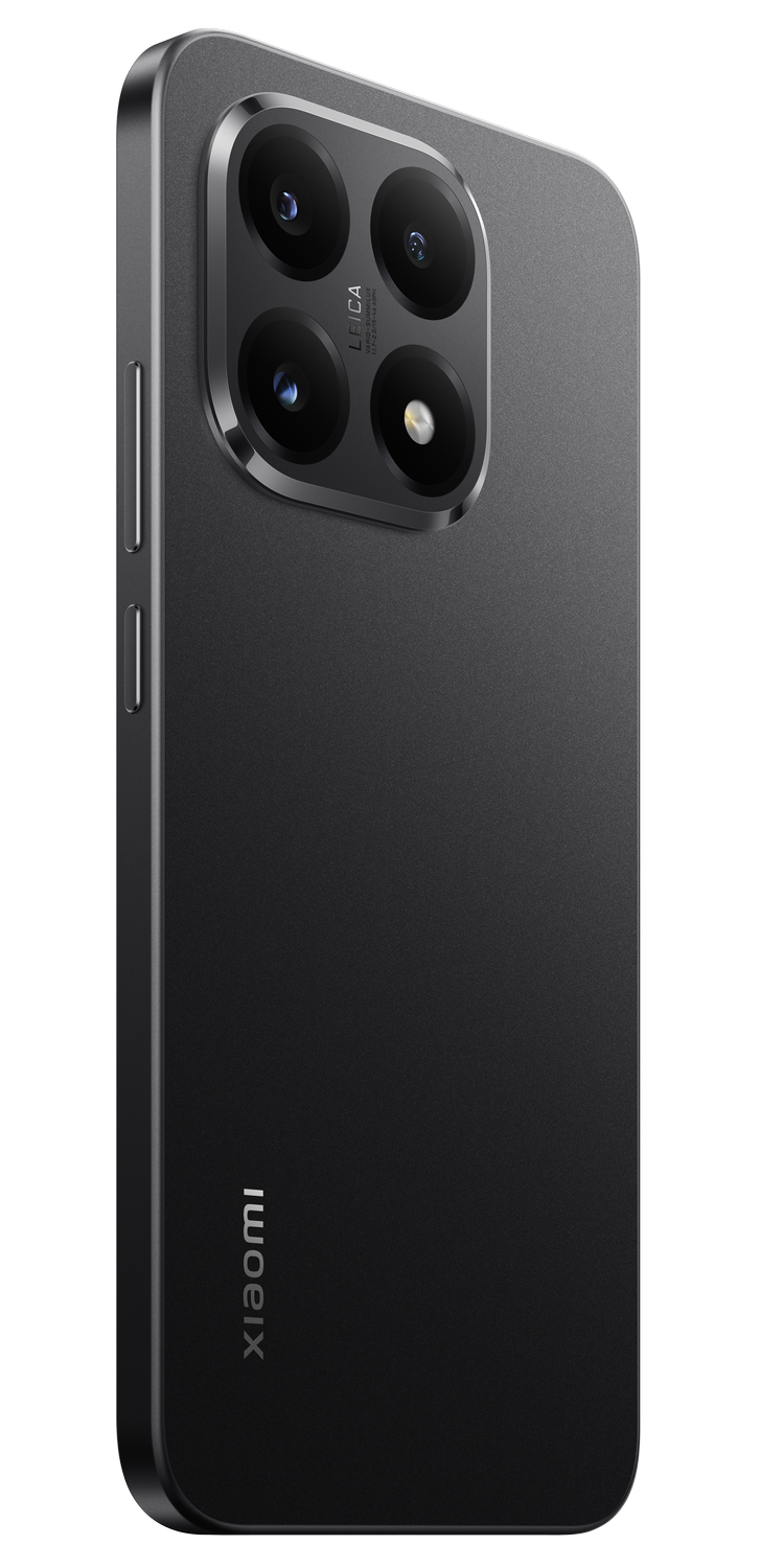 Teléfono Xiaomi negro con cámara Leica. Se ven cuatro lentes. El lateral del teléfono tiene botones.