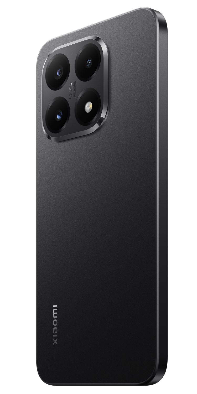 Smartphone negro con módulo de cámara Leica. Logotipo de Xiaomi en la parte inferior. Fondo gris. Diseño elegante.