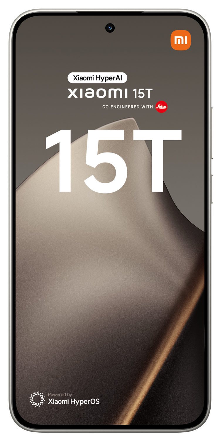 Una pantalla de teléfono muestra 'Xiaomi 15T'. La pantalla tiene el logo de Xiaomi, la marca Leica y 'Powered by Xiaomi HyperOS'.