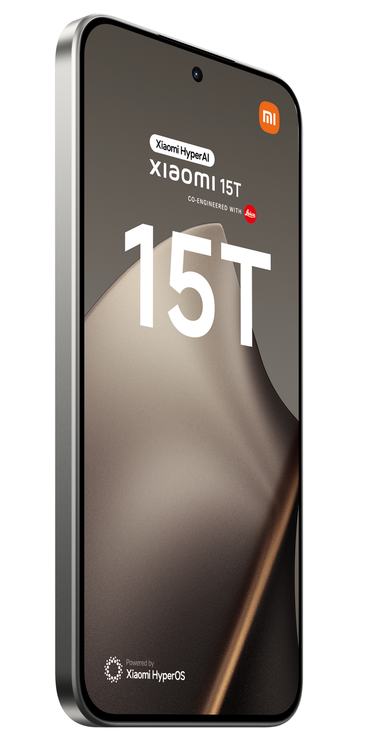 Se muestra un teléfono Xiaomi 15T. Cuenta con el logotipo de Xiaomi, la marca Leica y Xiaomi HyperOS. El teléfono es gris y blanco.