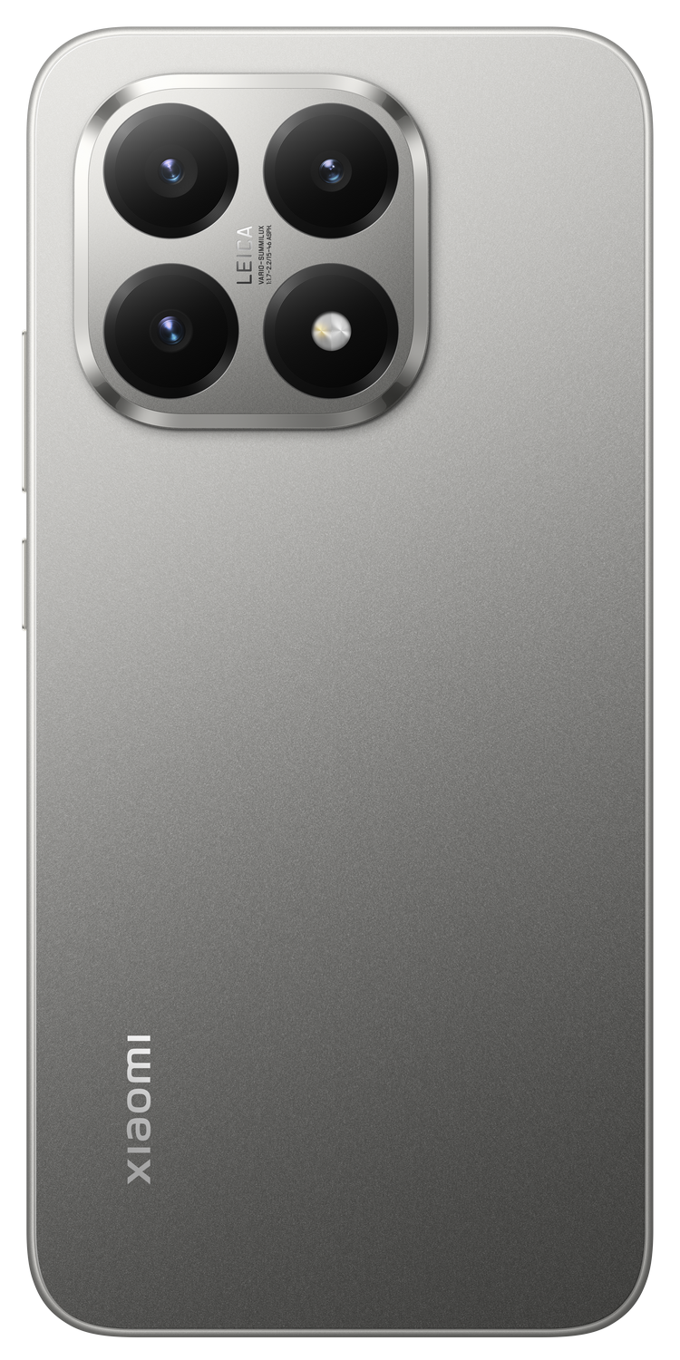 Parte trasera gris de un smartphone con módulo de cámara Leica. El logotipo de Xiaomi está en la parte inferior. Acabado metálico liso.
