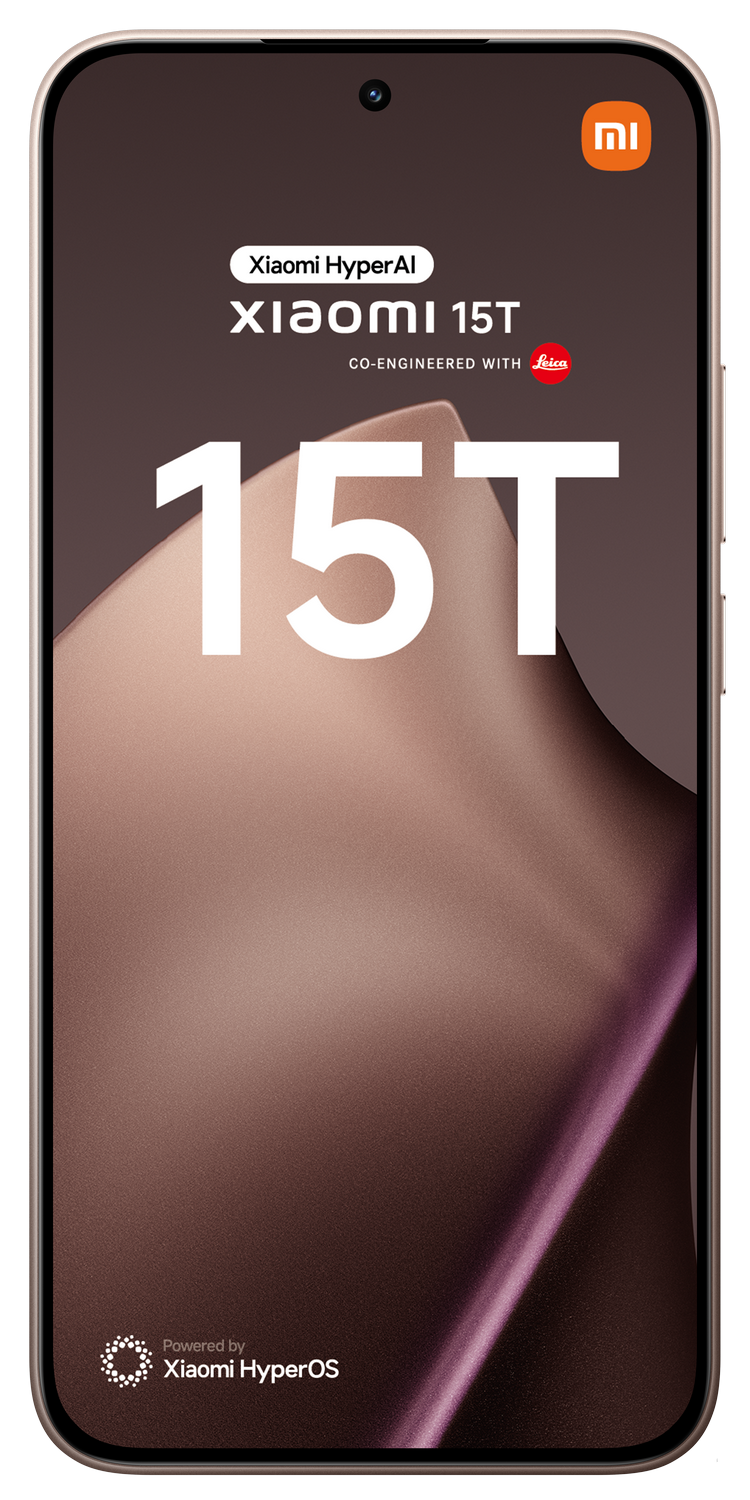 Una pantalla de teléfono inteligente muestra 'Xiaomi 15T'. La pantalla es marrón con texto blanco, logo de Xiaomi arriba a la derecha.