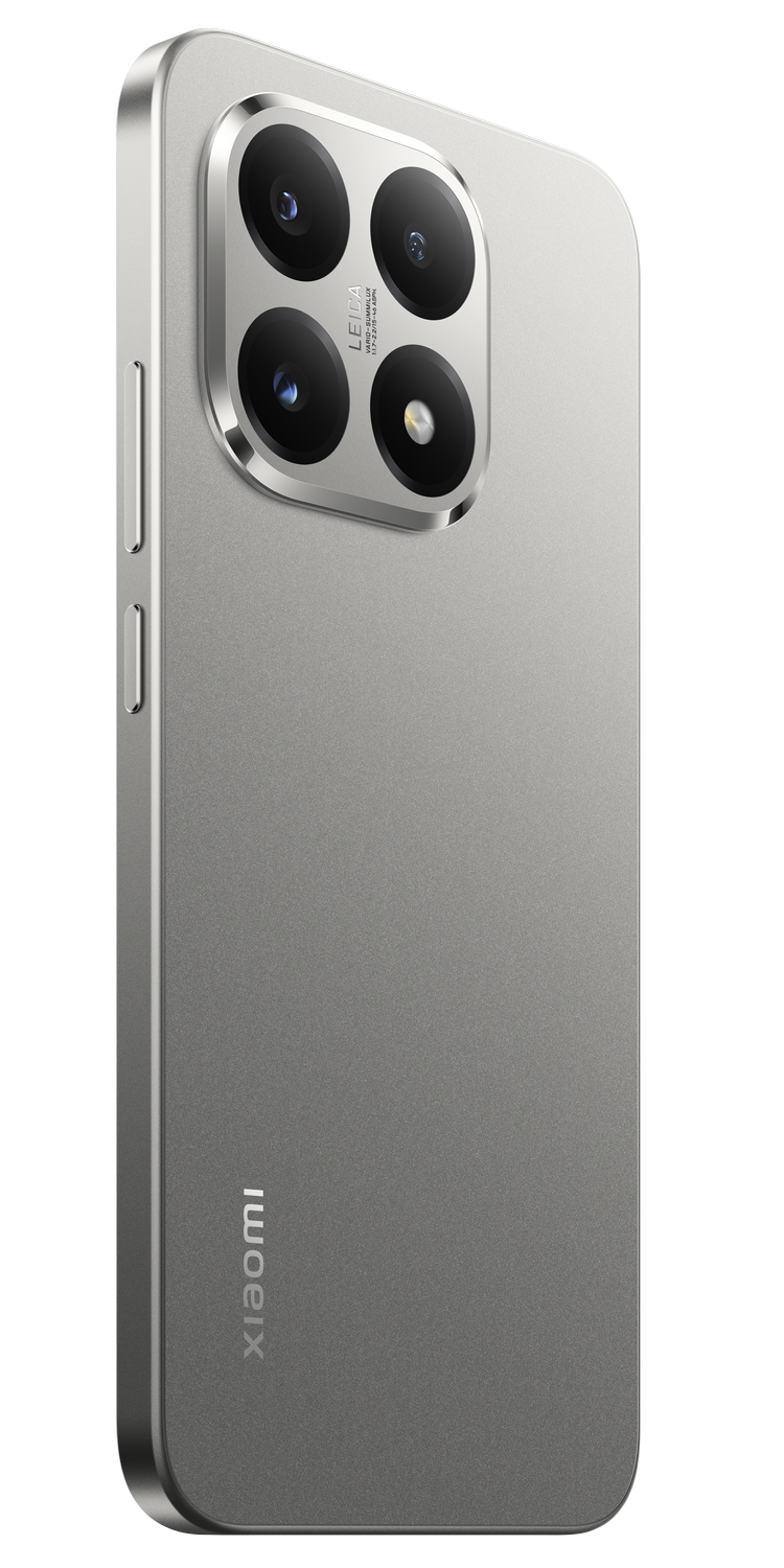 Parte trasera de teléfono Xiaomi plateado con múltiples lentes, marca Leica y logotipo Xiaomi. Botones laterales.