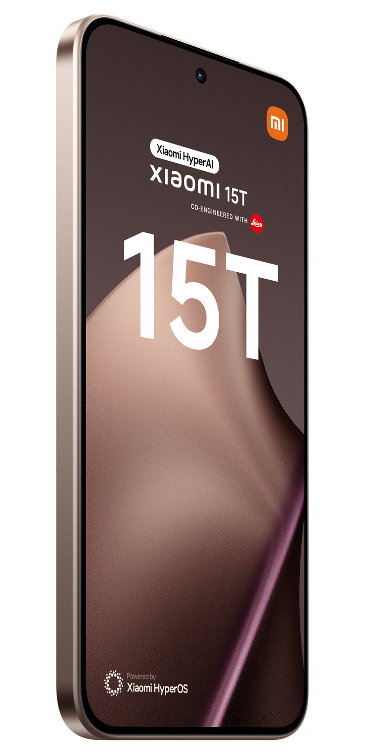 Un teléfono Xiaomi 15T sobre un fondo gris. Tiene el logotipo de Xiaomi, Leica co-diseñado y el texto '15T' es grande.