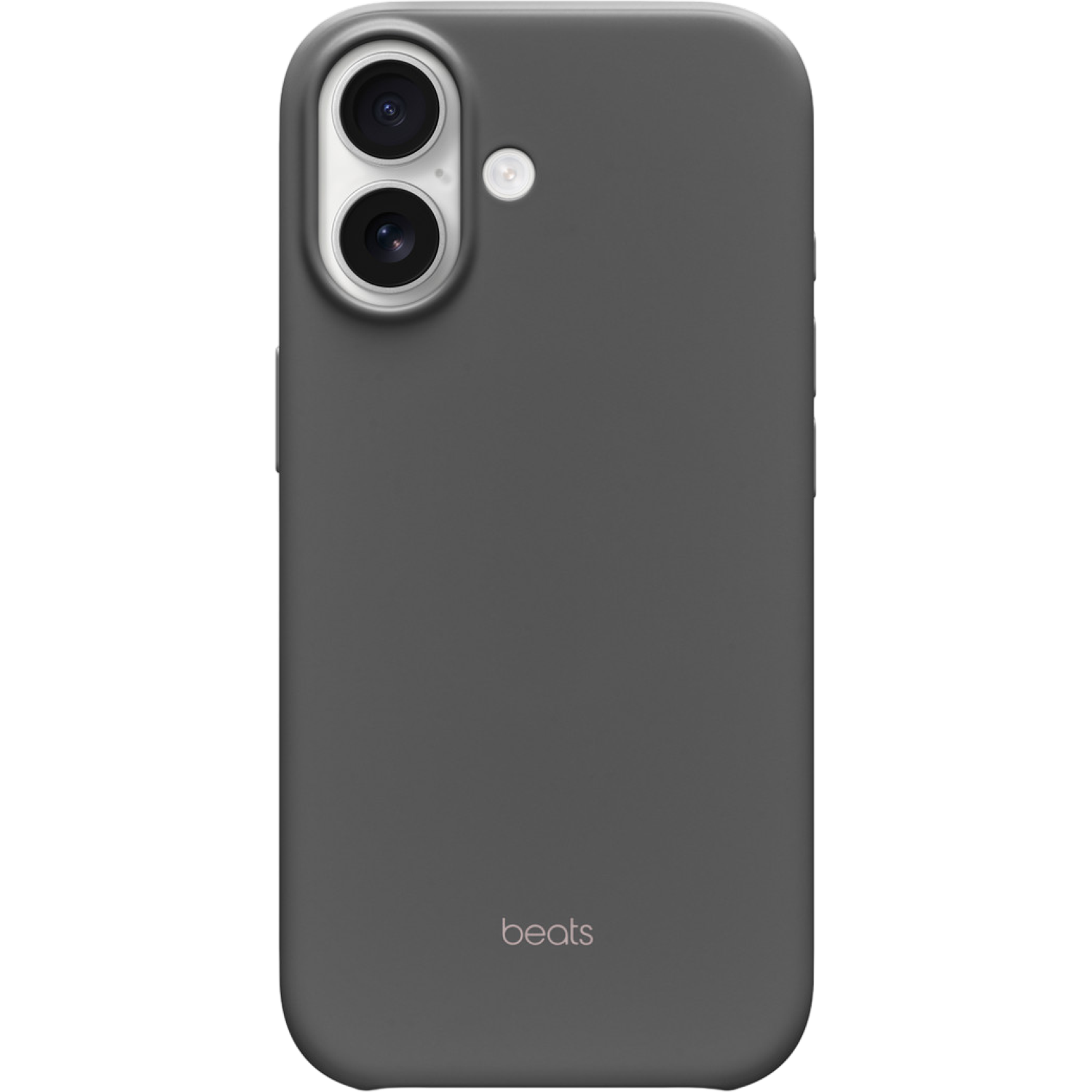 Een grijze telefoonhoes met het woord 'beats' onderaan. Het heeft twee cameralenzen aan de bovenkant en een flitser.