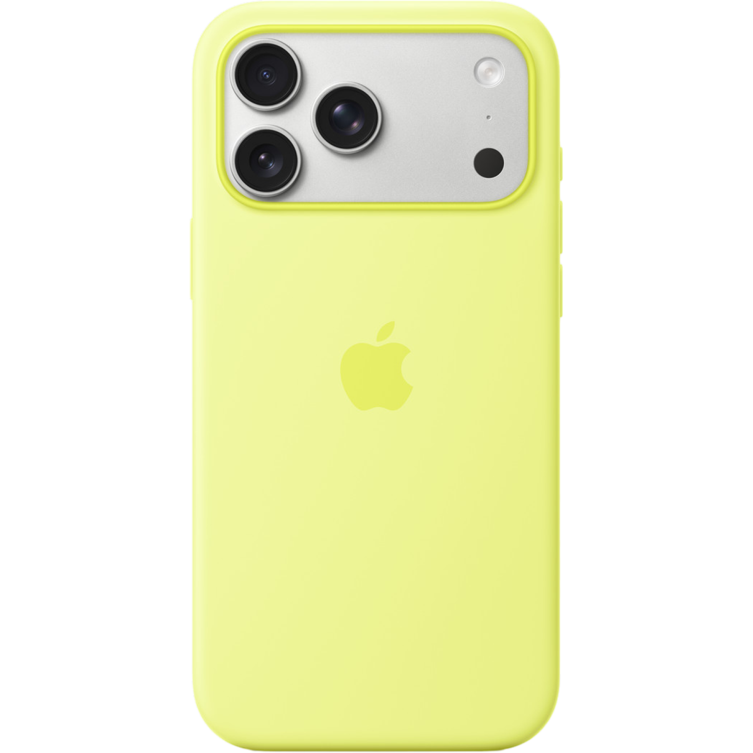 Een gele iPhone-hoes met een zilveren cameragedeelte, drie lenzen en een flitser. Het Apple-logo is zichtbaar.