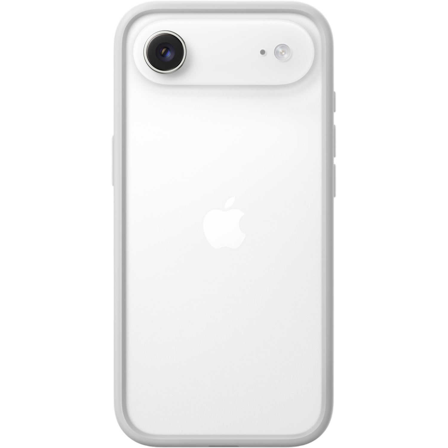 Een witte iPhone-achterkant met twee cameralenzen en een Apple-logo. De telefoon zit in een doorzichtige hoes, met een zwarte achtergrond.