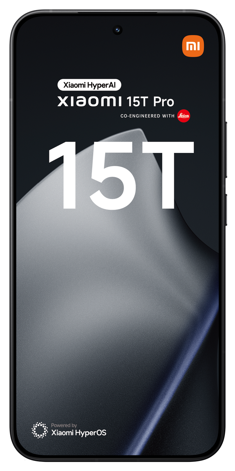 Pantalla de smartphone muestra Xiaomi 15T Pro. Con Xiaomi HyperAI, marca Leica y Xiaomi HyperOS. Texto grande '15T' domina.