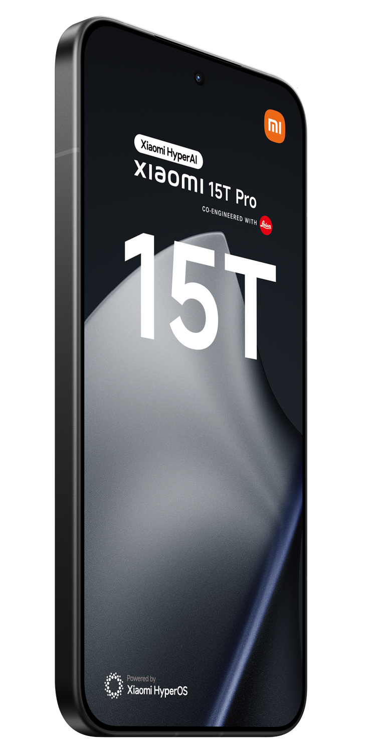 Un smartphone con el logo Xiaomi 15T Pro. La pantalla muestra el texto '15T'. El fondo es un degradado negro y gris.