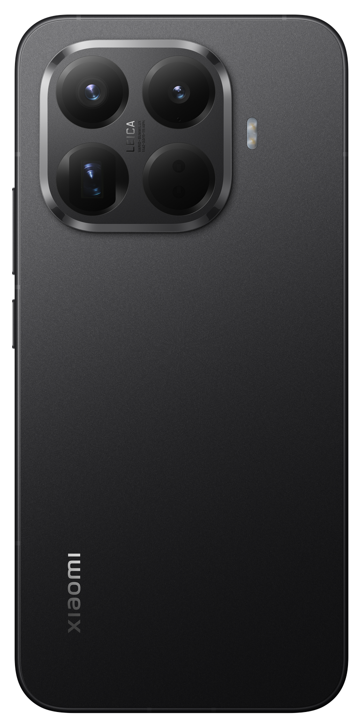 Parte trasera de smartphone negro con sistema de cámara Leica. El logotipo de Xiaomi está en la parte inferior. Diseño moderno.