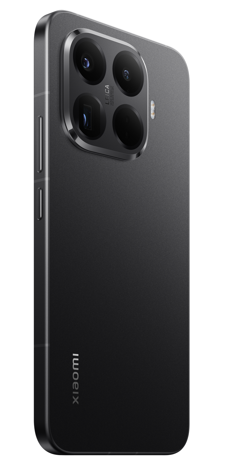 Smartphone negro con sistema de cámara Leica. Logotipo de Xiaomi visible. Fondo gris.
