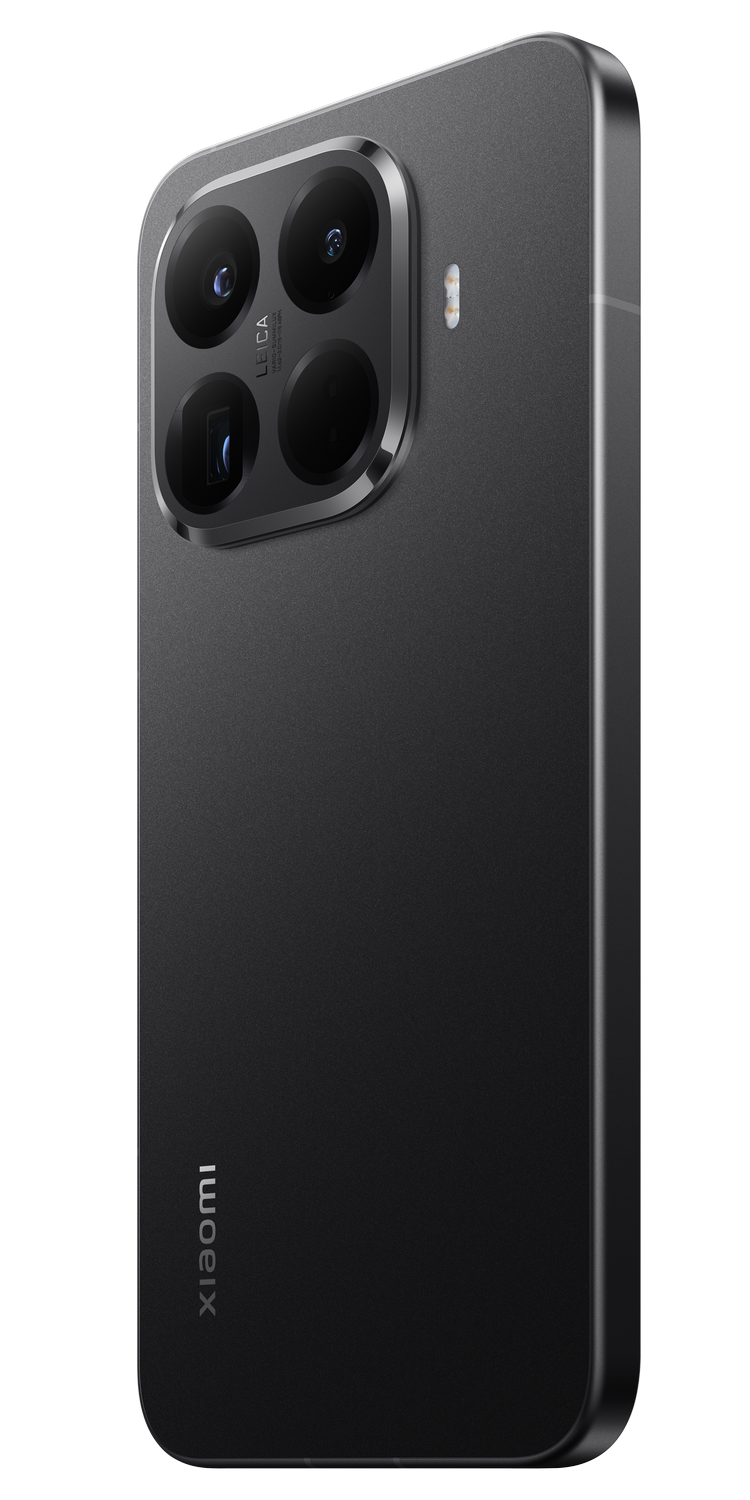 Teléfono inteligente Xiaomi negro. Presenta un módulo de cámara con la marca Leica. El teléfono está en ángulo.