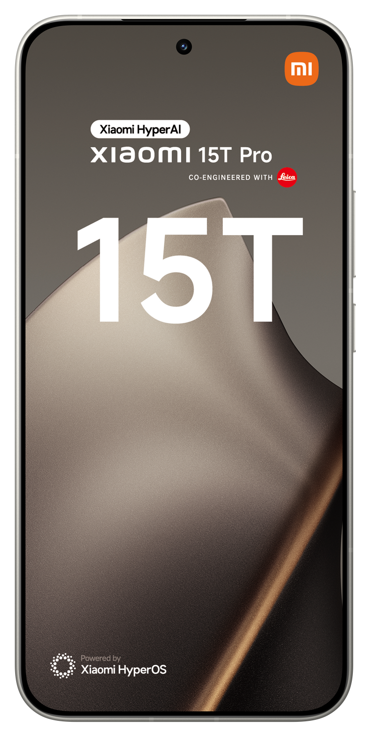 Pantalla del teléfono Xiaomi 15T Pro muestra el modelo, el texto '15T' en blanco y logotipos de Xiaomi y Leica.