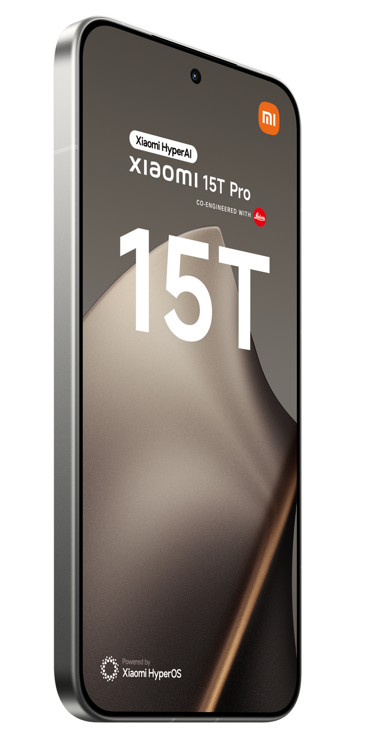 Un teléfono inteligente con marco plateado. La pantalla muestra el logotipo y texto Xiaomi 15T Pro. El fondo es gris.