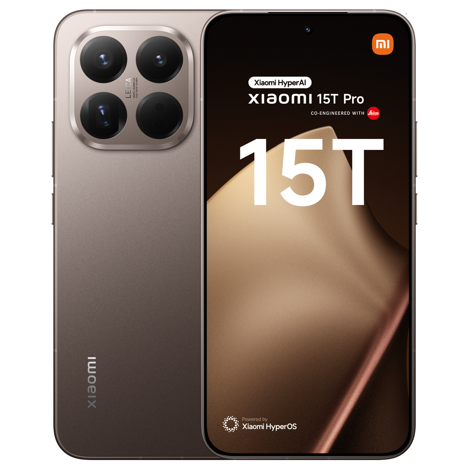 Un smartphone muestra un conjunto de cámaras y una pantalla con 'Xiaomi 15T Pro'. El teléfono es marrón metálico y gris.