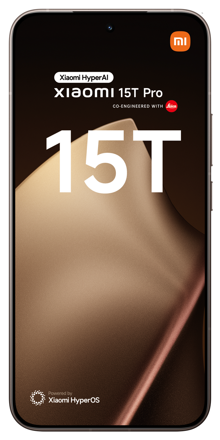 Un smartphone muestra 'Xiaomi 15T Pro' con la marca Leica. La pantalla muestra el número '15T' en blanco sobre un fondo marrón degradado.