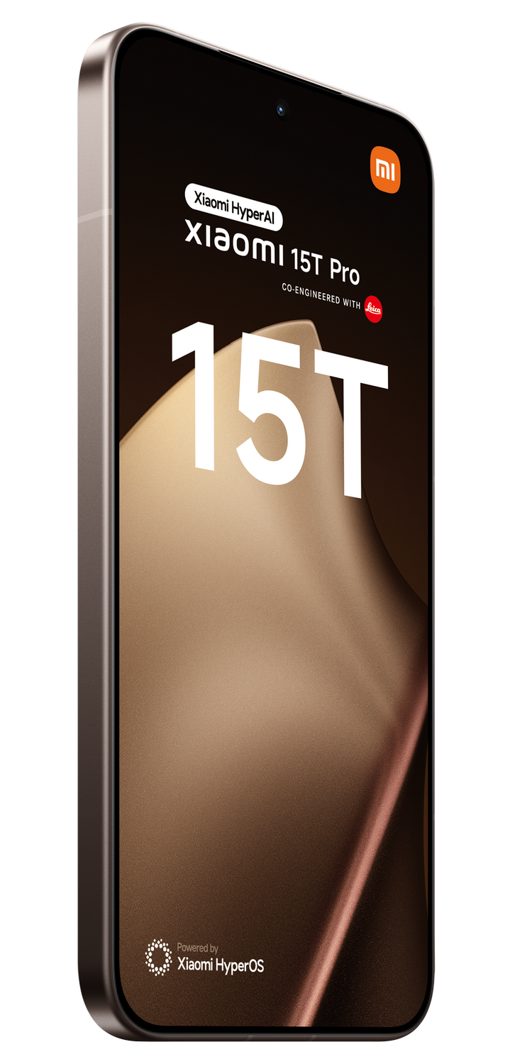 Maqueta de un teléfono inteligente con el logotipo de Xiaomi 15T Pro. Presenta un texto grande '15T', el logotipo de Xiaomi y 'Powered by Xiaomi HyperOS'.