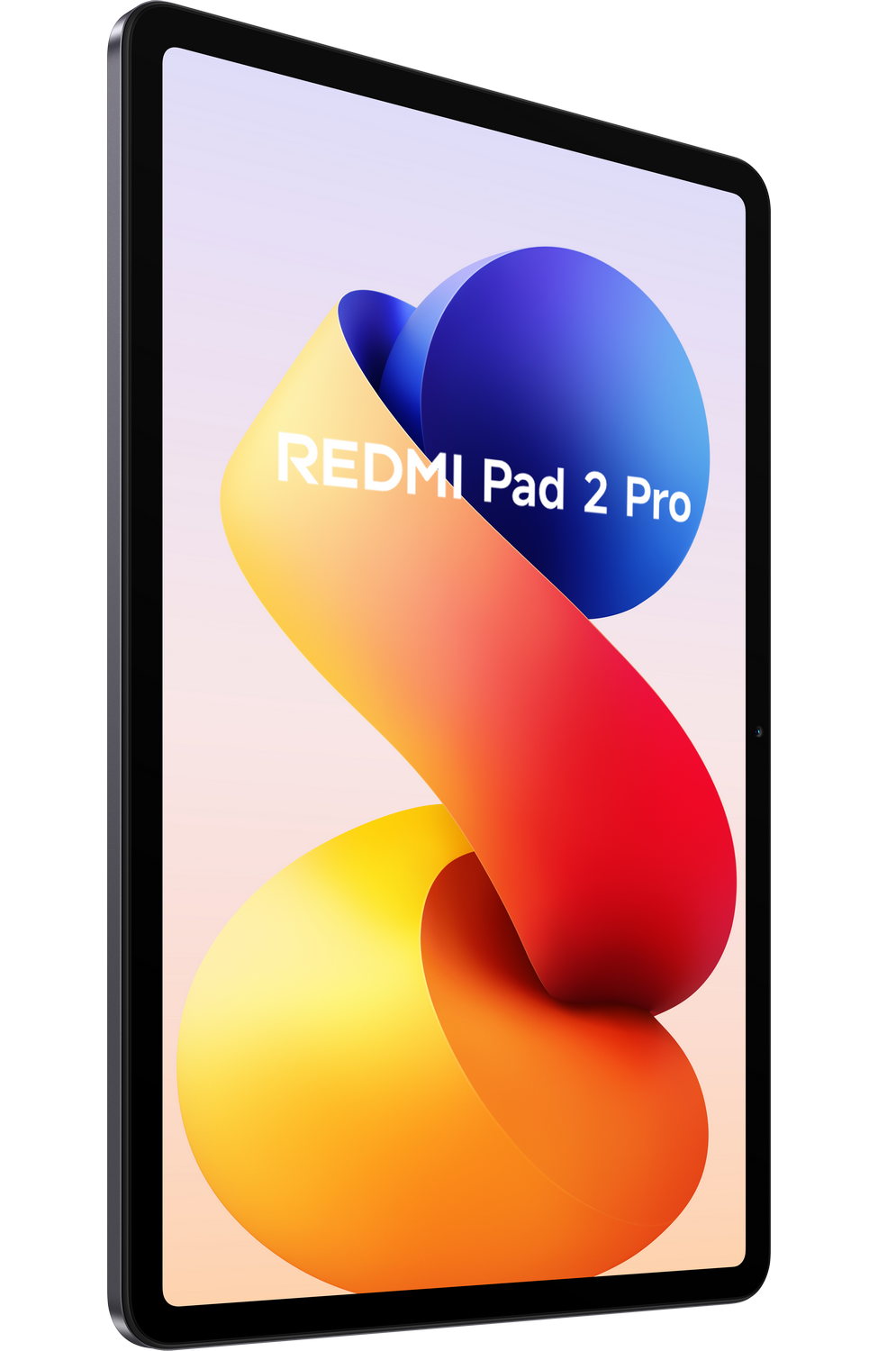 Una tableta con el texto 'REDMI Pad 2 Pro' en la pantalla. Tiene un diseño abstracto con elementos rojos, amarillos y azules.